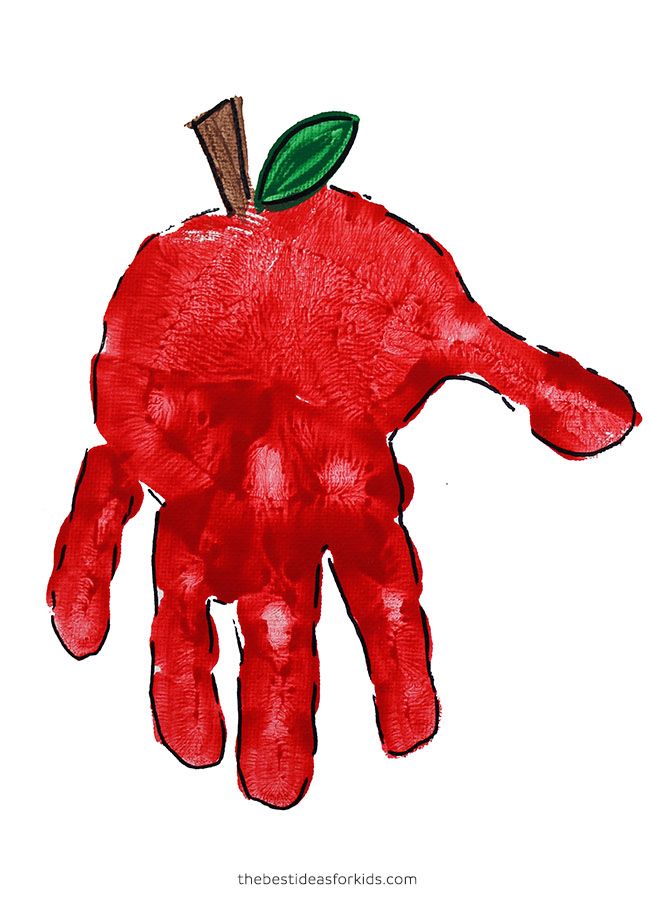 a red handprint with an apple on it