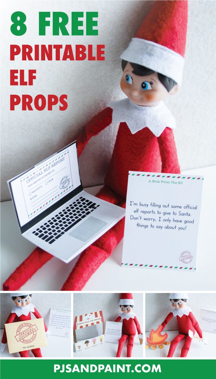 an elf with a laptop on his lap and the text 8 free printable elf props