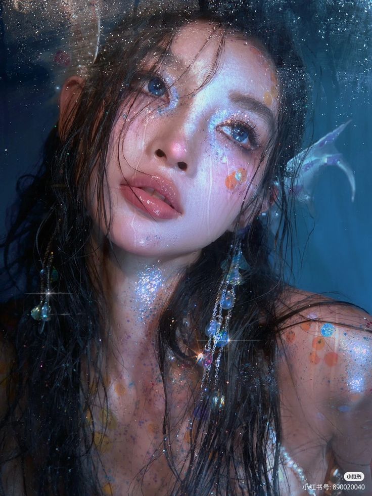 Blue Photography Portrait, Siren Album Cover, Mermaid Face Claim, Siren Concept Art, Kpop Ethereal, Mermaid Aesthetic Sirens, Siren Photoshoot, Ethereal Photos, Ocean Photoshoot