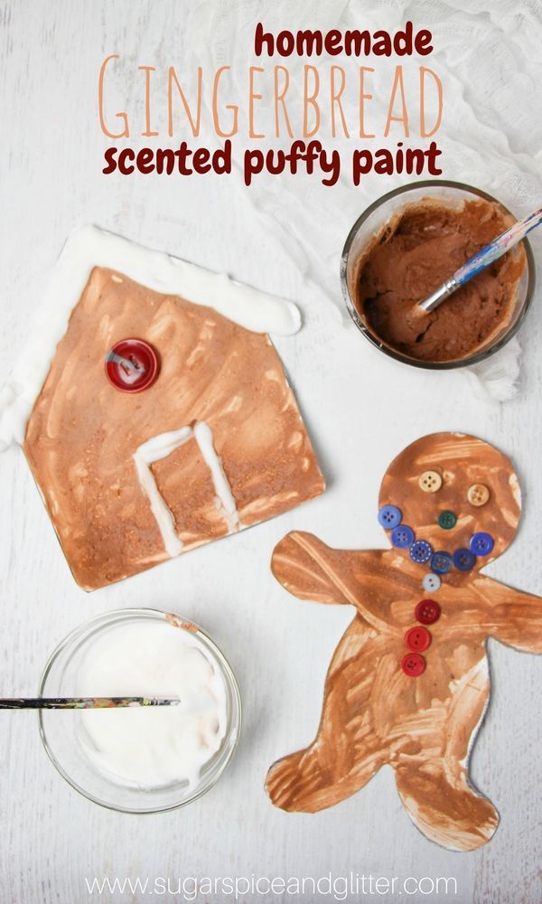 homemade gingerbread scented puffy paint is on the table next to a cutout of a ginger