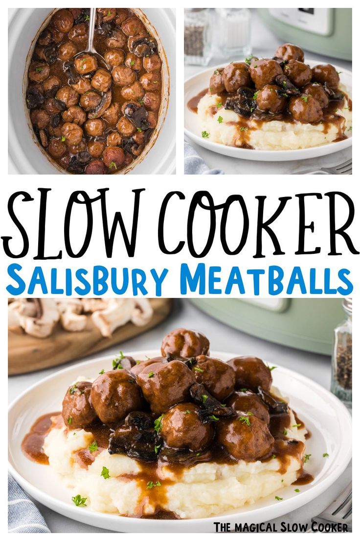 slow cooker salisbury meatballs on mashed potatoes