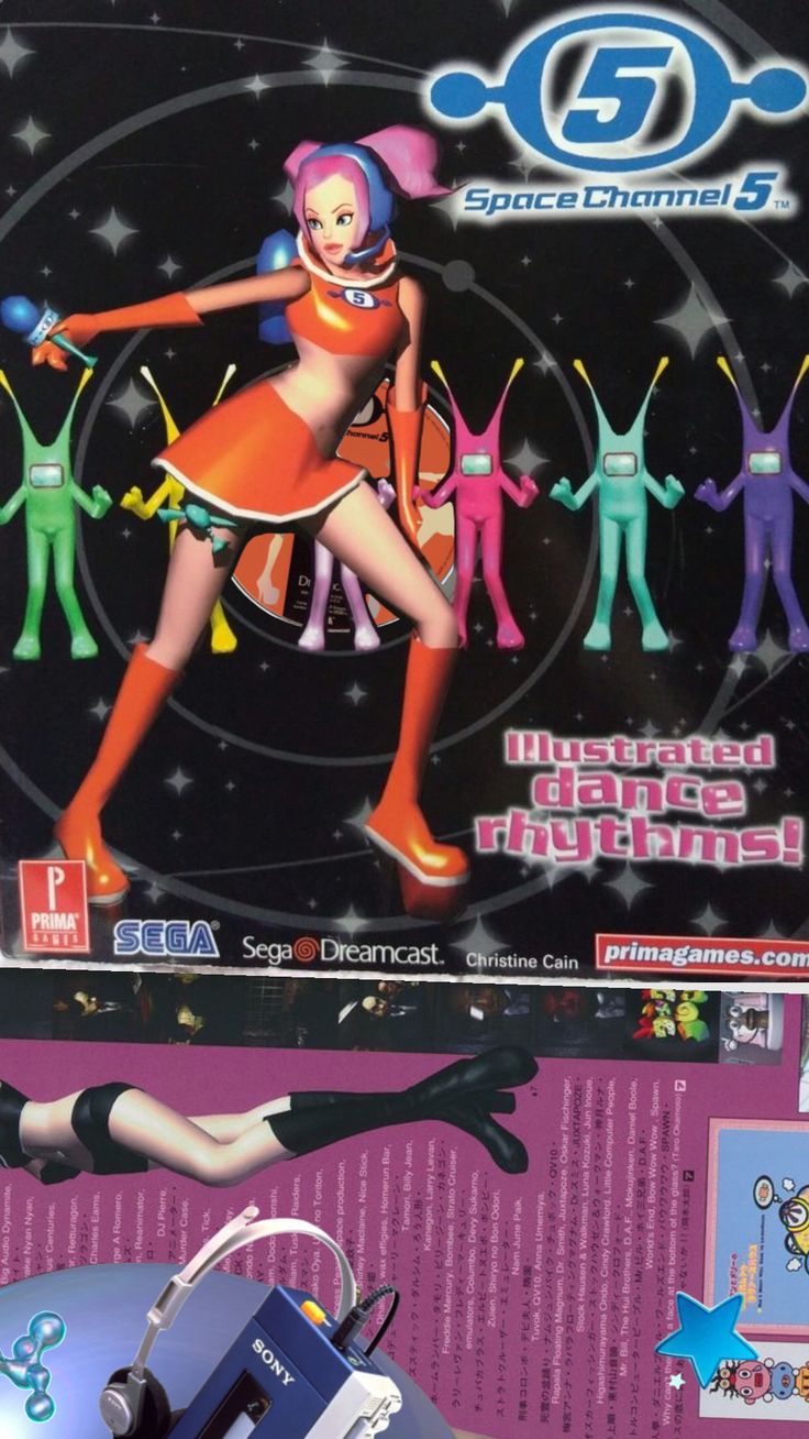 an advertisement for space channel 6 featuring a woman in orange dress with headphones on