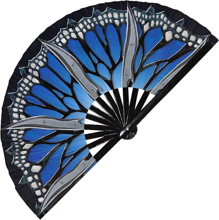 a blue and white butterfly fan on a white background