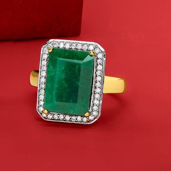 Ross-Simons - 5.50ct Emerald, .20ct t. w. Diamond Ring in 14kt Yellow Gold. Size 5. An RS exclusive. Emerald lovers will appreciate the value of this impressive jewel! Our cocktail ring frames a 5.50 carat emerald with .20 ct. t. w. round brilliant-cut diamonds in white rhodium. Set in polished 14kt yellow gold. 5/8" wide. Diamond and emerald ring. Emerald birthstones are the perfect gift for May birthdays. Classic Formal Gemstones With Diamond Accents, Formal 14k Gold Gia Certified Diamond Ring, Gia Certified 14k Gold Diamond Ring For Formal Occasions, Classic Diamond Gemstones With Diamond Accents, Classic Gemstones With Diamond Accents, Emerald Cut Diamond Gemstones For Formal Events, Emerald Cut Diamond Gemstone For Formal Occasions, Emerald Cut Diamond For Formal Occasions, Formal Emerald Cut Diamond Gemstone