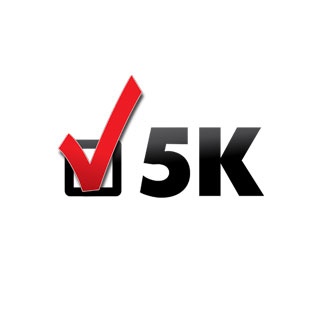 the word 5k with a red tick mark on it's left side and an arrow