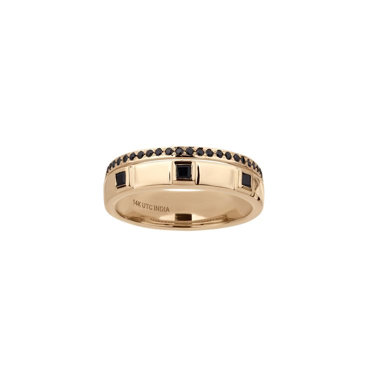 Add a touch of elegance to your look with this 14k gold Gemistry onyx band ring. Add a touch of elegance to your look with this 14k gold Gemistry onyx band ring. Width: 17 mm Nickel free Metal: 14k gold Finish: polished Packaging: velvety pouchSTONE DETAILS Stone type: onyx Total weight: 1/4 ct. 1.90 mm x 1.90 mm; 1 mm x 1 mm Shape: round, square Setting: bezel, micro pave Gemstones may have been treated to enhance their appearance. Special care may be required. Please visit our Gemstone Treatme Elegant Yellow Gold Rings With Black Diamonds, Classic Black Diamond Rings For Formal Occasions, Elegant Yellow Gold Diamond Ring With Black Diamonds, Luxury Channel Set Stackable Rings, Luxury Formal Stackable Rings With Polished Finish, Formal Black Sapphire Ring In 14k Gold, Formal Black Sapphire Ring, Gold Diamond Ring With Black Diamonds For Formal Events, Gold Diamond Ring With Black Diamonds For Formal Occasions