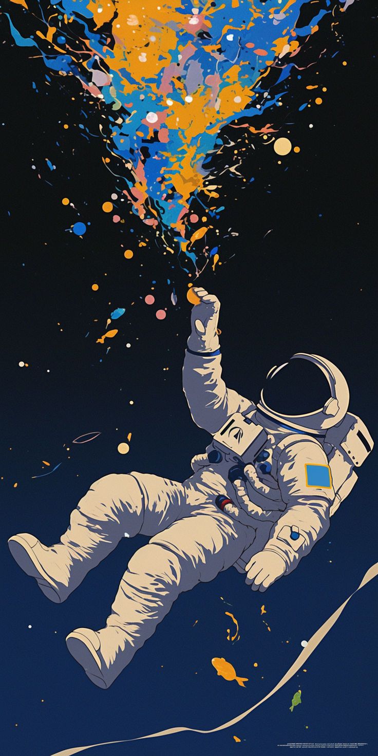 an astronaut floating in space with paint splattered all over