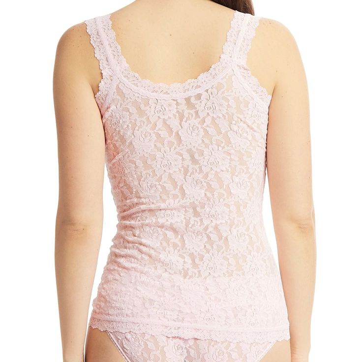 Serenely sexy and so soft on your skin, this is the cami for living in lace; night and day. Style # 1390L Style: Unlined Stretch Lace Camisole Fabric: 100% Nylon; Trim: 90% Nylon, 10% Spandex Design: Scoop neck sheer lace camisole with wide straps that are bra-friendly and non-adjustable. Scalloped lace trim at neckline, straps & hem. Fit and Tips: Approx. 24"/61cm long. Hanky Panky's most popular tank is great for layering or on its own in their signature stretch lace fabric! Care: Hand wash in cool water with mild detergent and dry flat or hang to dry Cheap Pink Camisole For Bedtime, Pink Lace Tank Top With Lace Trim, Feminine Fitted Lace Tank Top, Fitted Feminine Lace Tank Top, Pink Lace Feminine Tank Top, Feminine Pink Lace Tank Top, Feminine Tank Top With Built-in Bra, Elegant Pink Camisole With Built-in Bra, Feminine Lace Tank Top With Delicate Detail