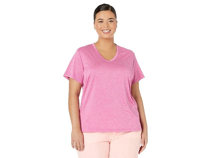 Columbia Plus Size Hike Short Sleeve V-Neck - Women's Clothing : Wild Fuchsia Heather : Columbia Plus Size Hike Short Sleeve V-Neck tee is a perfect pick to keep yourself at utmost comfort while being equally stylish. Pullover style. Omni-Wick fabric: • Moisture-wicking fabric moves perspiration away from the skin to dry quickly on the surface. • Four-way stretch for improved range of motion. Classic V-neckline. Short sleeve tee. Branding on the left chest. Straight hemline. 100% polyester. Dry Pink V-neck Athleisure Top, Solid Color V-neck Activewear For Spring, Relaxed Fit V-neck Athleisure Activewear, Casual Relaxed Fit V-neck Activewear, Athleisure V-neck T-shirt In Solid Color, Relaxed Fit Sports T-shirt V-neck, Relaxed Fit V-neck Sports T-shirt, Relaxed Fit V-neck T-shirt For Sports, Casual Moisture-wicking V-neck Top