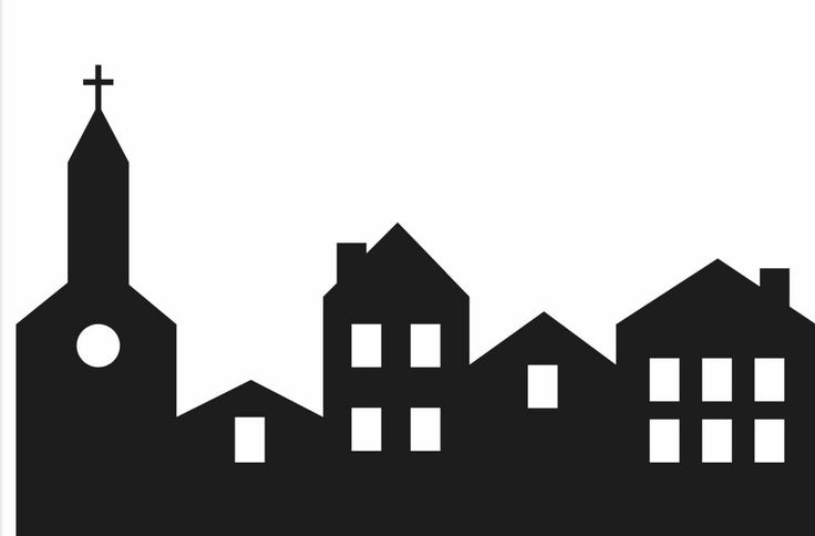 a black and white silhouette of houses with a cross on top