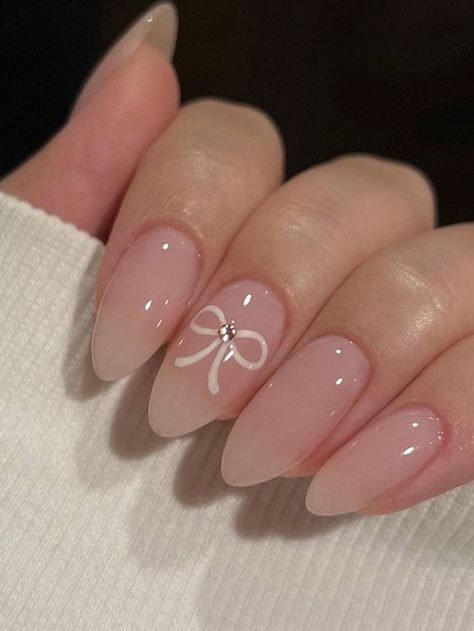 Long Almond Nails Inspo Aesthetic, Nail Aesthetic Simple, Blush Nails Acrylic, Softie Nails, Nail Ideas Bow, Pastel Pink Almond Nails, Cute Aesthetic Nail Designs, Korean Nail Art Short Nails, Almond Nails One Color