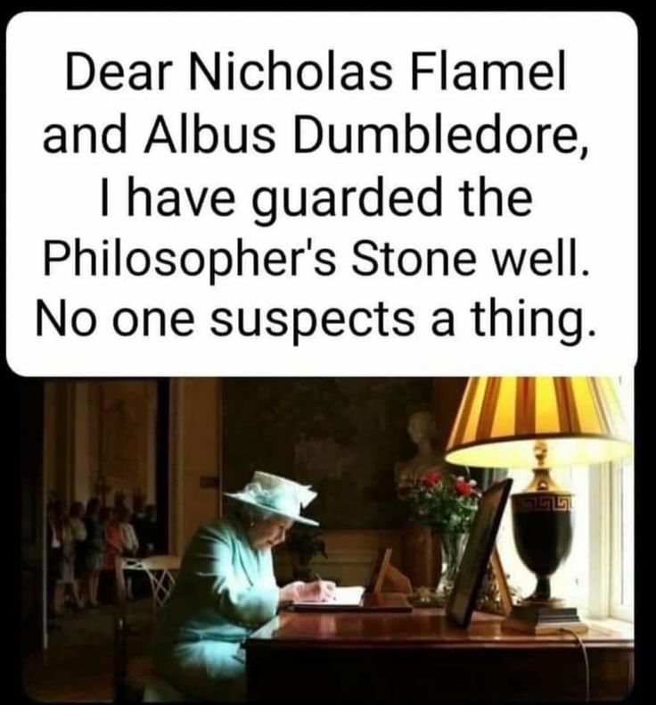 a woman sitting at a desk in front of a lamp with the caption dear nicholas flannel and albus dumbledore, i have guarded the philospher's stone well