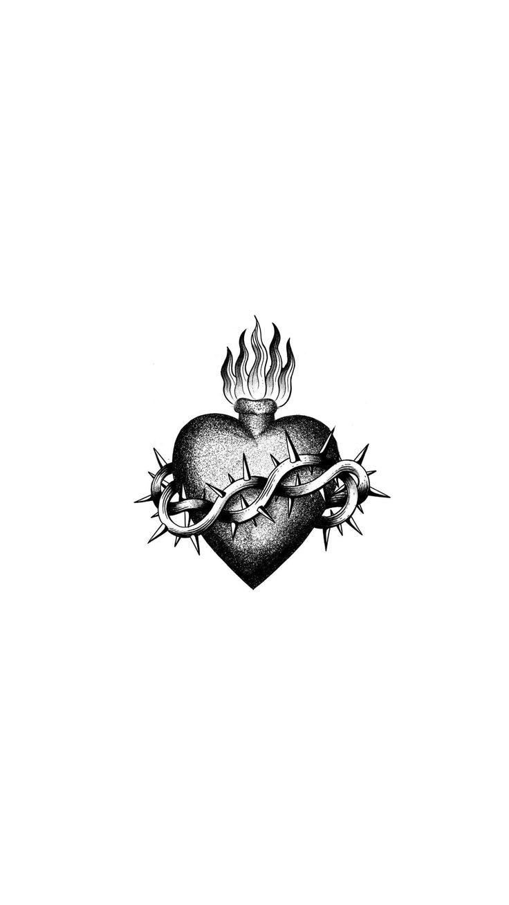 a black and white drawing of a heart with barbed wire