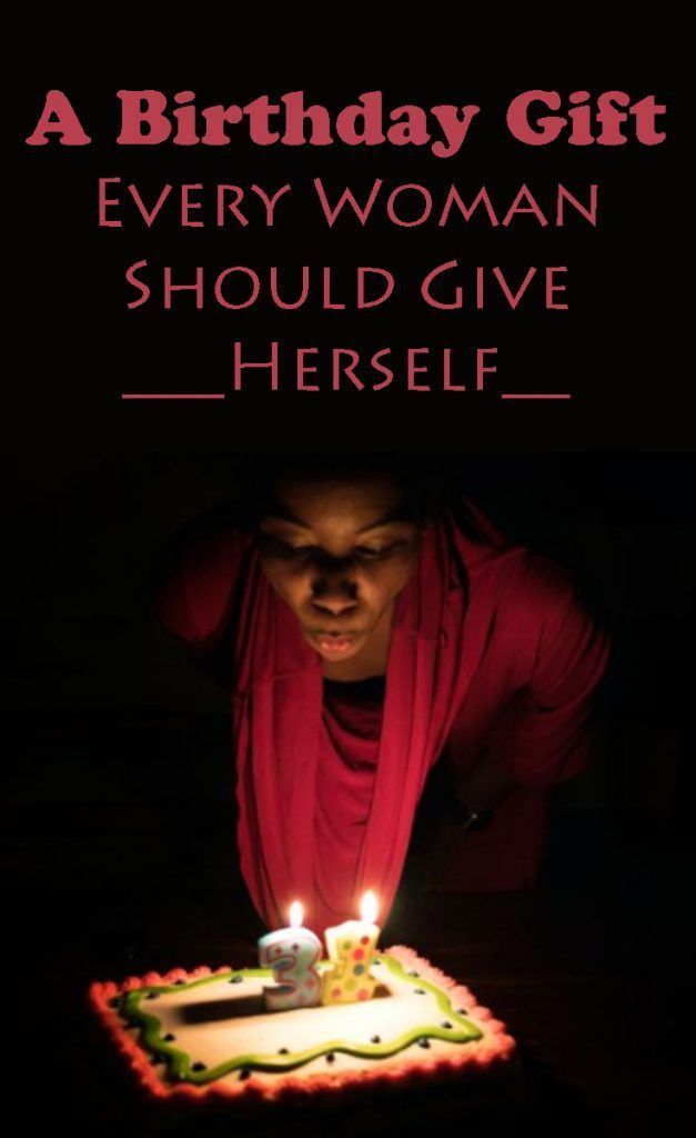 a woman blowing out candles on a birthday cake with the words, a birthday gift every woman should give herself