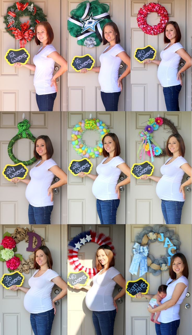 the pregnant woman is posing for pictures in front of her wreaths and wreath decorations