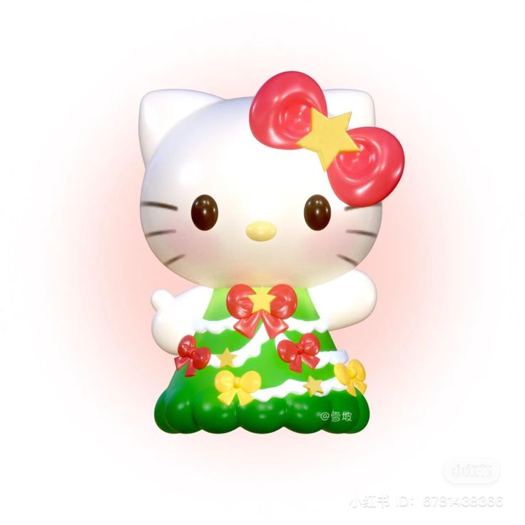 a hello kitty figurine sitting on top of a green base with bows and hearts