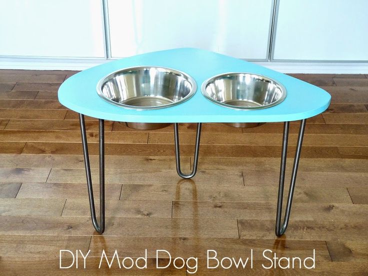 two stainless steel bowls are sitting on top of a blue dog bowl table with hairpin legs