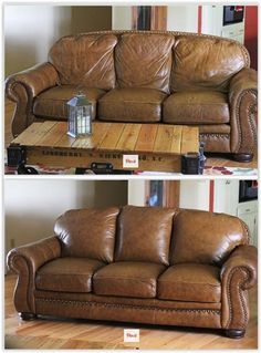 before and after photos of a leather couch