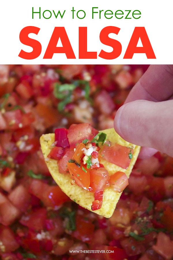 a hand holding a tortilla chip with salsa in it and text overlay that reads how to freeze salsa