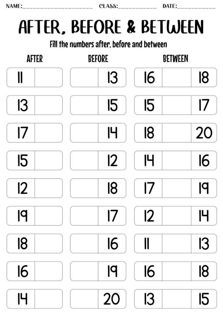 a printable worksheet with numbers and the words after, before & between