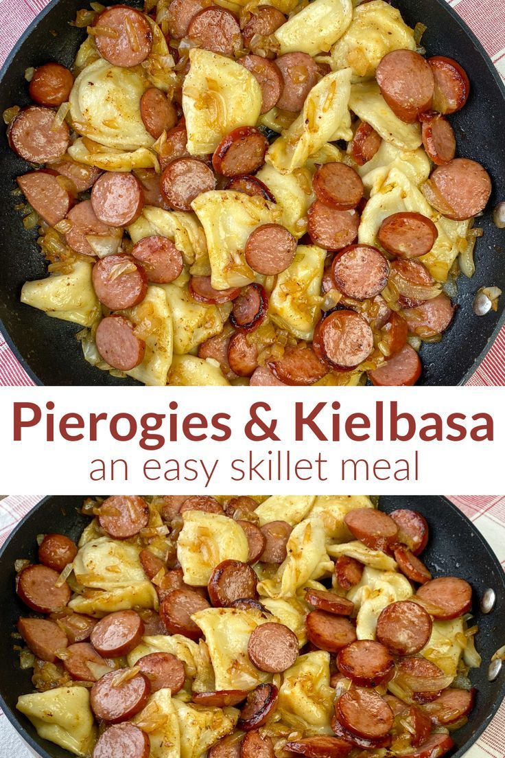 Collage of skillet full of perogies and kielbasa Mini Pierogies And Kielbasa, Simple Dinner Recipes Sausage, Things To Make With Smoked Sausage, Recipes With Pierogies Dinners, Dinner With Pierogies, Perogies Kielbasa Recipe, Dinners With Perogies, Dinner With Perogies, Perogies Meal Ideas