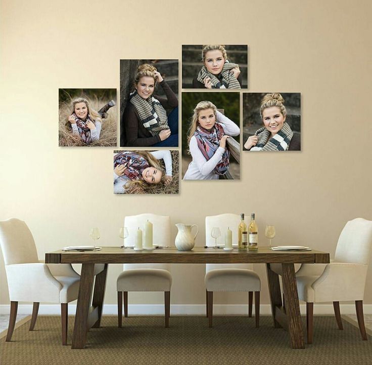 a dining room table with chairs and pictures on the wall above it that have photos of people in them