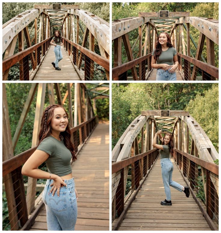 a woman posing on a bridge with her hands in her pockets