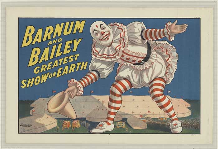 an old circus poster is displayed on the floor