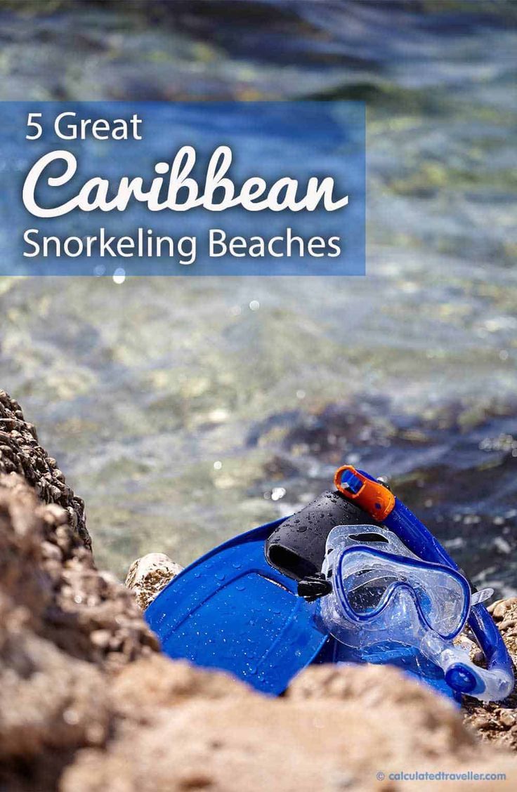 snorkeling gear on the beach with text overlay reading 5 great canibbean snorkeling beaches