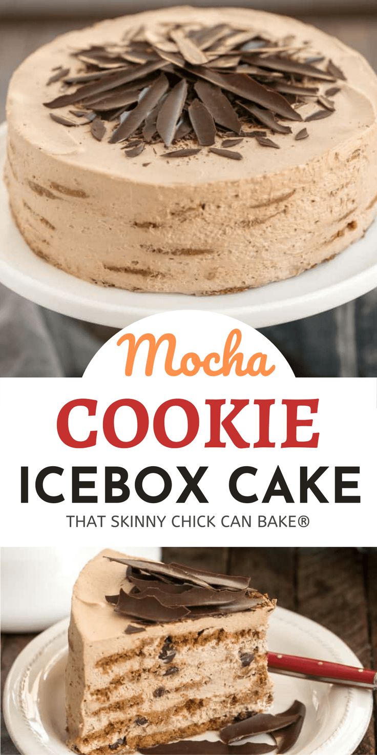 a close up of a cake on a plate with the words mocha cookie icebox cake