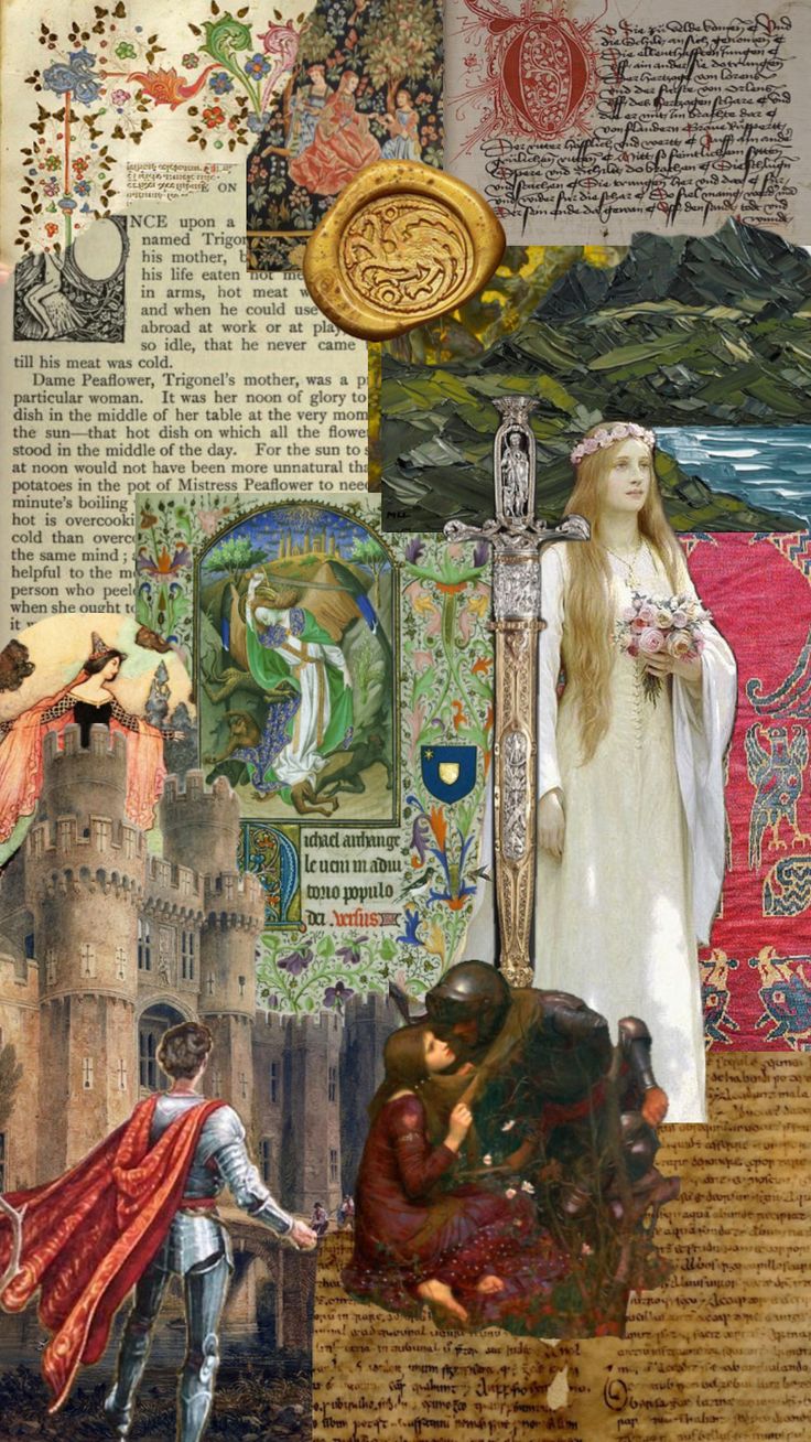 an altered collage with images of people in medieval dress and artwork on it's sides