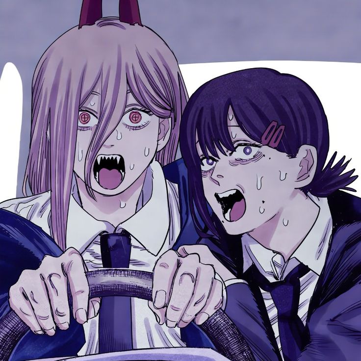 two anime characters with their mouths open and hands on the steering wheel