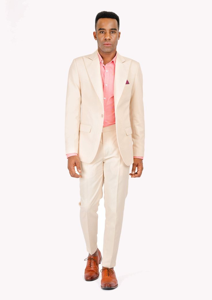 Jacket & pants included. Vest optional. Delivered in 2-3 weeks. Free shipping. Covered by our Free Remake Guarantee. Complete the look with Shirts, Ties & Squares. Tailored Beige Suit For Spring, Tailored Beige Spring Suit, Spring Beige Tailored Suit, Beige Semi-formal Spring Suits, Beige Single Breasted Summer Suits, Beige Single-breasted Summer Suit, Beige Cotton Blazer With Suit Collar, Beige Notch Lapel Cotton Blazer, Beige Cotton Notch Lapel Blazer