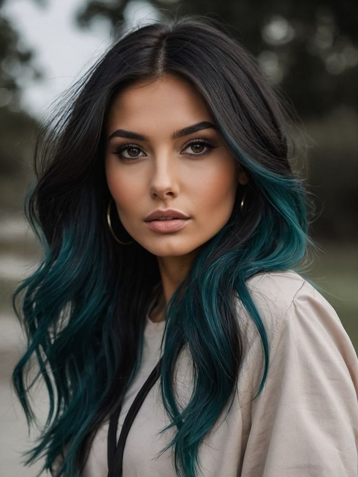 Medium Hair Colors For Women, Fashion Colors On Dark Hair, Dark Hair With Some Color, Deep Teal Hair Color, Subtle Rainbow Highlights, Women’s Long Length Hair Cuts, Green Balayage On Black Hair, Blue Teal Hair Ombre, Dark To Color Ombre Hair