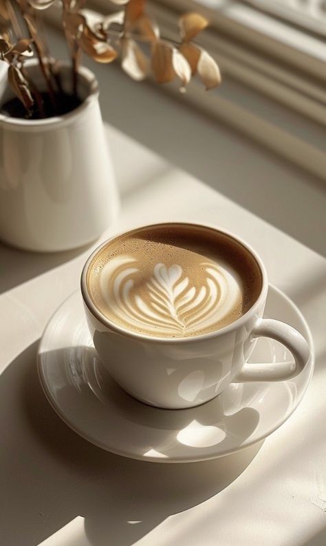 a cappuccino sits on a saucer next to a potted plant