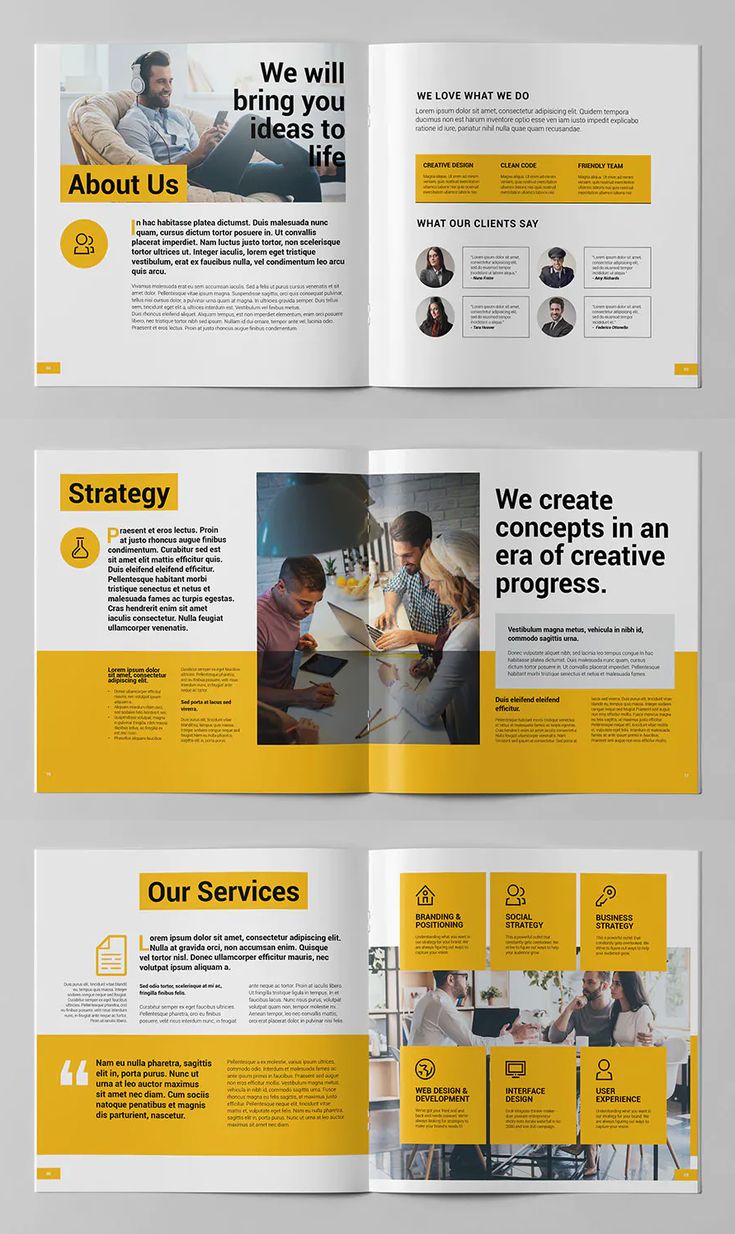 a brochure is shown with yellow and white colors on the front, side and back