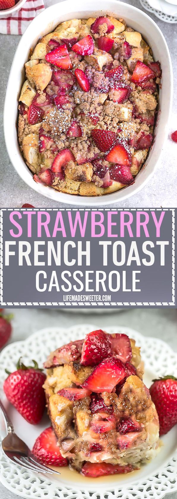 strawberry french toast casserole on a white plate