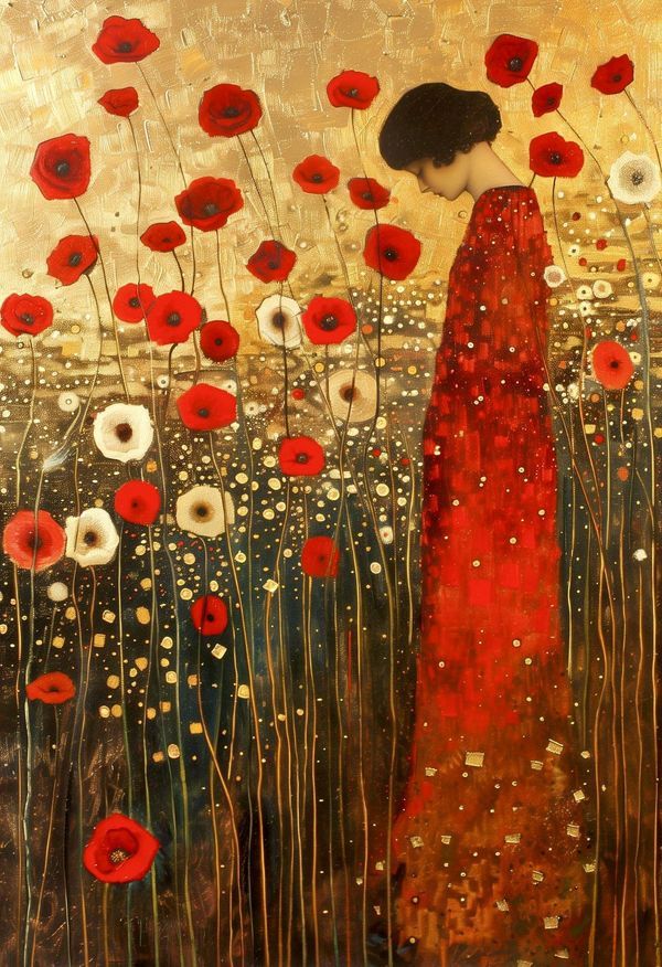 a painting of a woman in a red dress surrounded by poppies and daisies