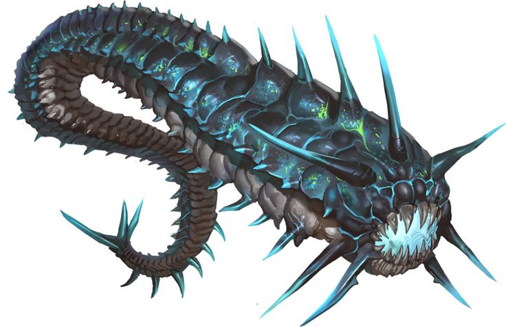 a blue and black dragon like creature with spikes on it's head, looking to its left