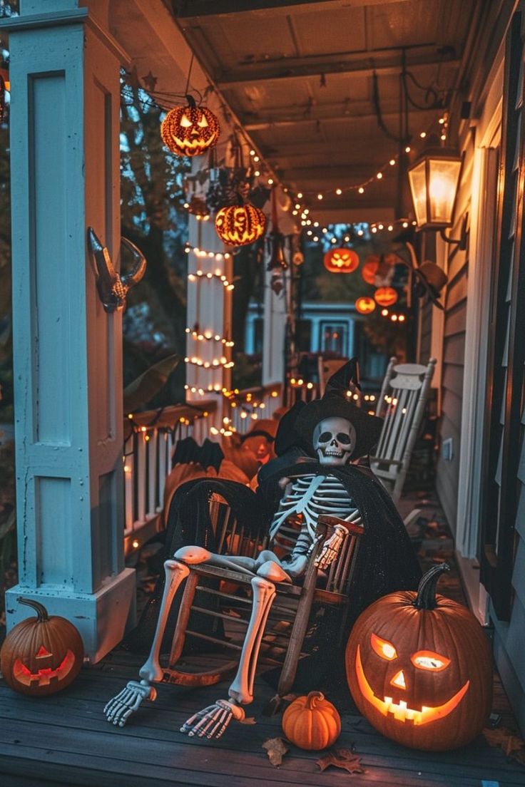 a porch decorated for halloween with skeletons and pumpkins