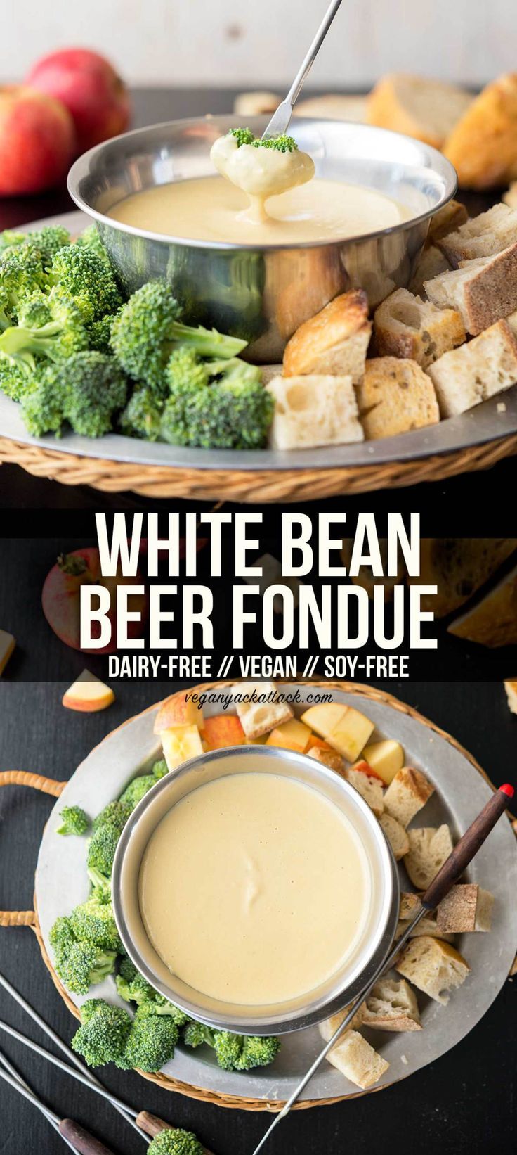 white bean beer fondue is served with broccoli and apples in the background