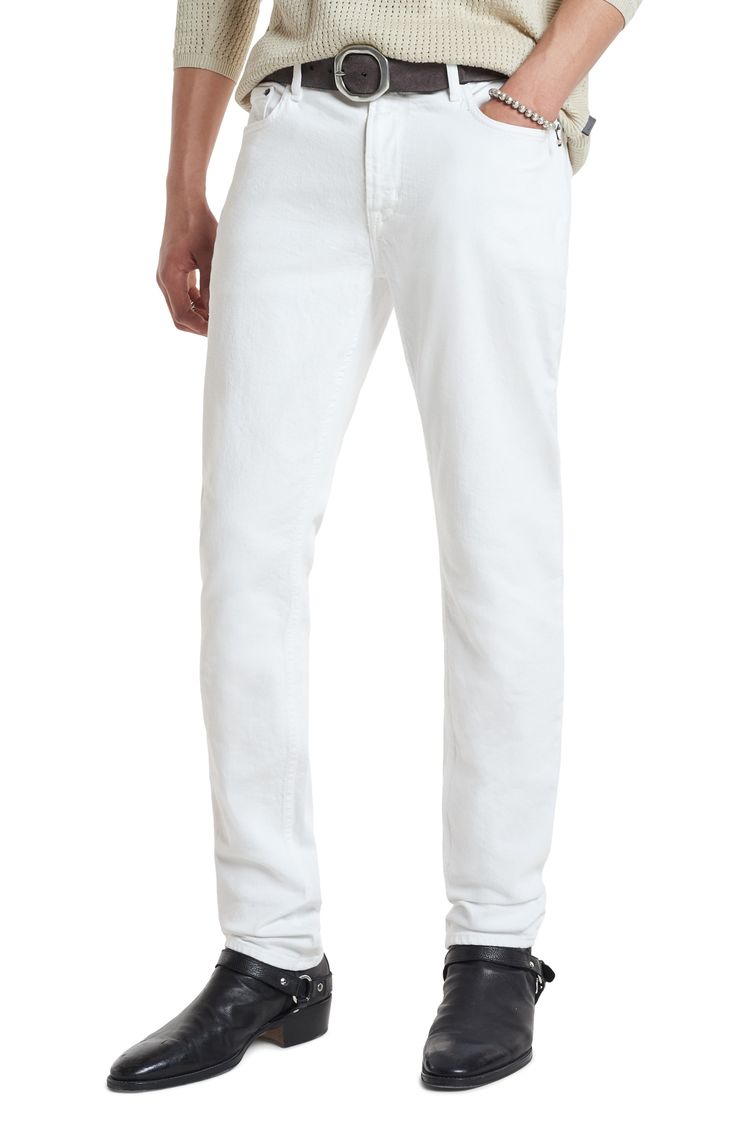 Classic yet rebellious, these slim-fitting jeans are crafted from premium stretch denim in a tonal white wash. 99% cotton, 1% elastane Machine wash, tumble dry Imported Classic White Straight Fit Jeans, White Straight Fit Jeans With Five Pockets, White Straight Fit Mid-rise Jeans, Modern White Cotton Jeans, Classic White Slim Fit Jeans, White Classic Slim Fit Jeans, Modern Fitted White Jeans, Slim Fit White Cotton Bottoms, White Slim Fit Cotton Bottoms