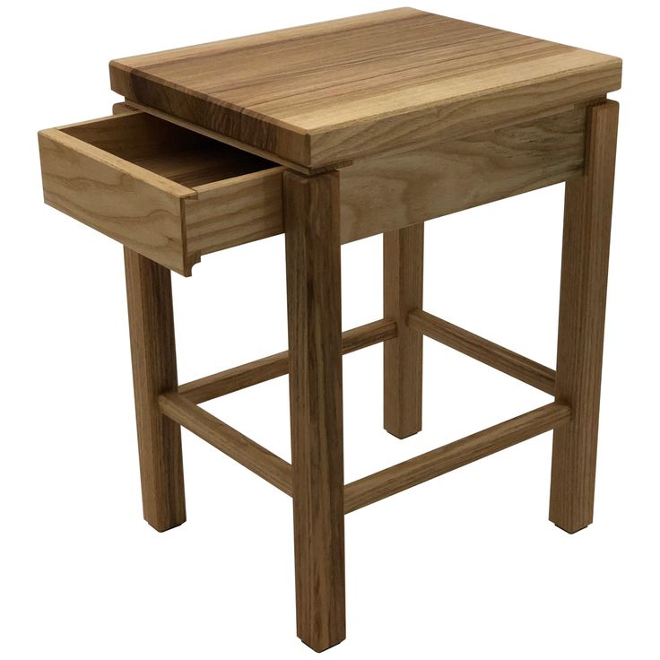 two wooden stools with one drawer open and the other closed on both sides, sitting side by side