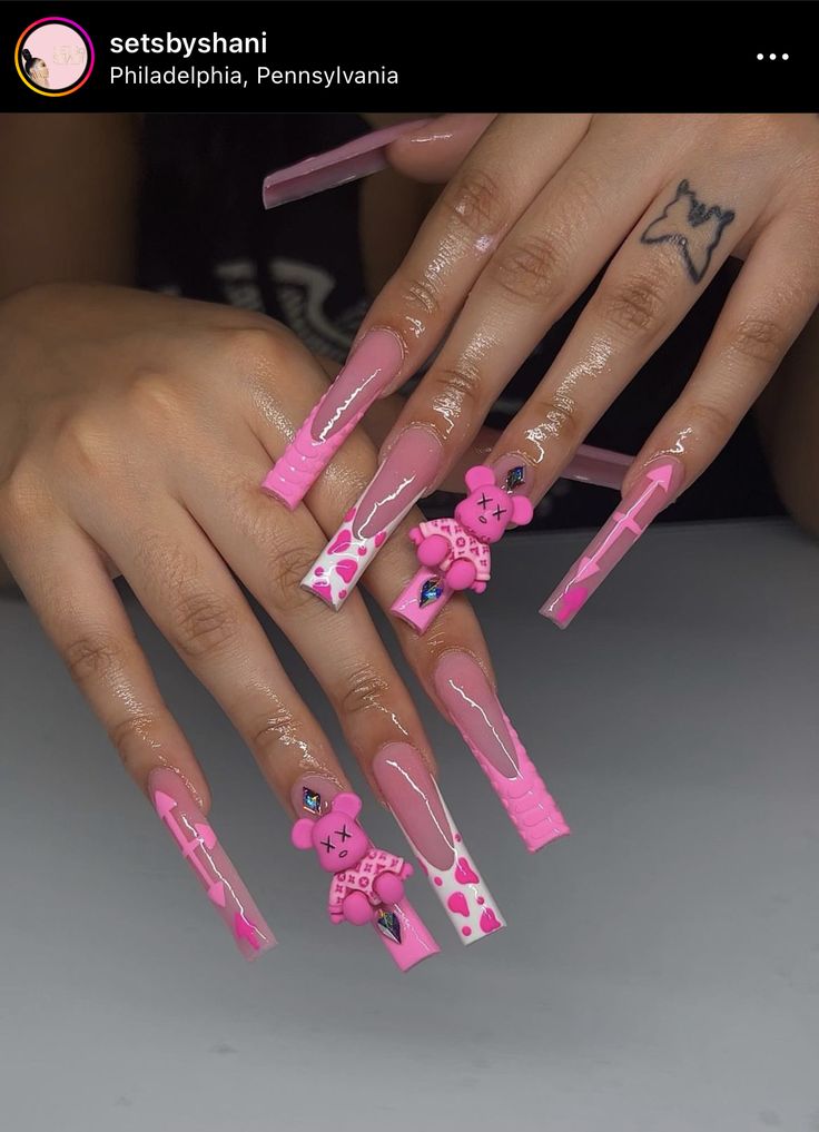 Hot Pink Nail Designs, Hot Pink Nail, Barbie Pink Nails, 3d Nail Art Designs, Curved Nails, Hot Pink Nails, Ombre Acrylic Nails, Glow Nails, Exotic Nails