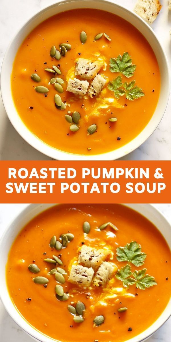 two bowls of roasted pumpkin and sweet potato soup