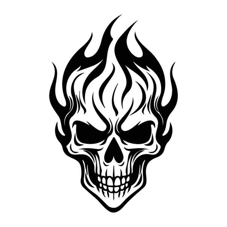 a black and white skull with flames on it