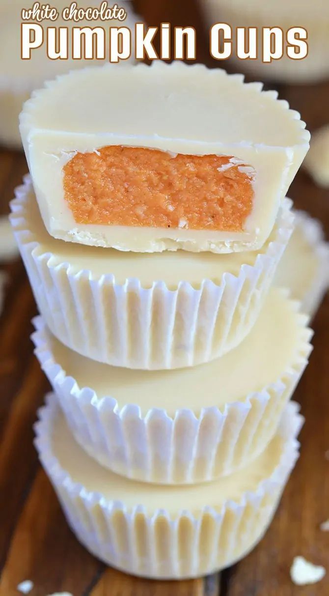 three white cupcakes stacked on top of each other with the words pumpkin cups in front of them