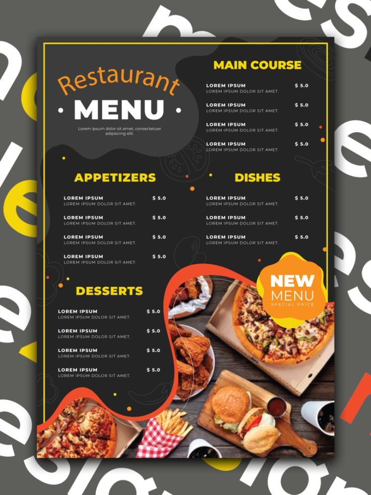 a restaurant menu is shown on a black background with yellow and white numbers around it