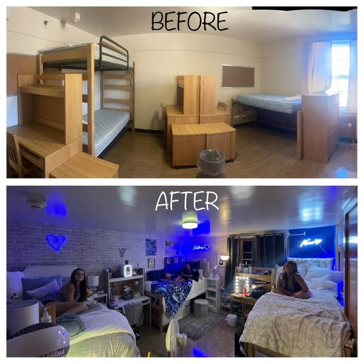 before and after photos of a dorm room with bunk beds, desks and other furniture