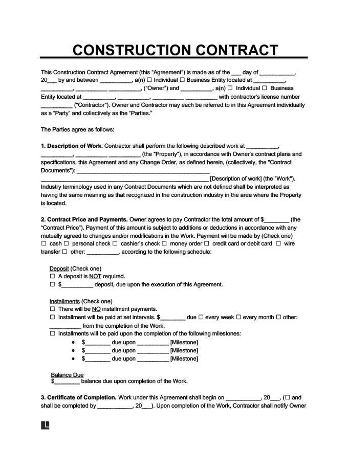 a construction contract form is shown in this image